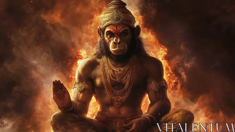 Digital painting of divine simian warrior in fiery meditation.