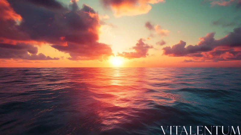 High-saturation ocean sunset with volumetric clouds and specular highlights