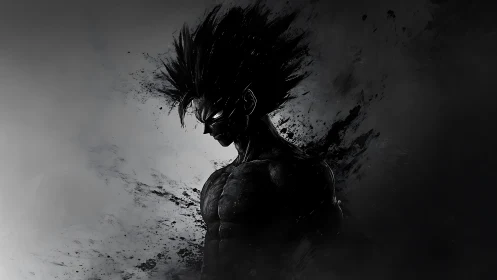 Shadowed anime warrior emerges from swirling black ink