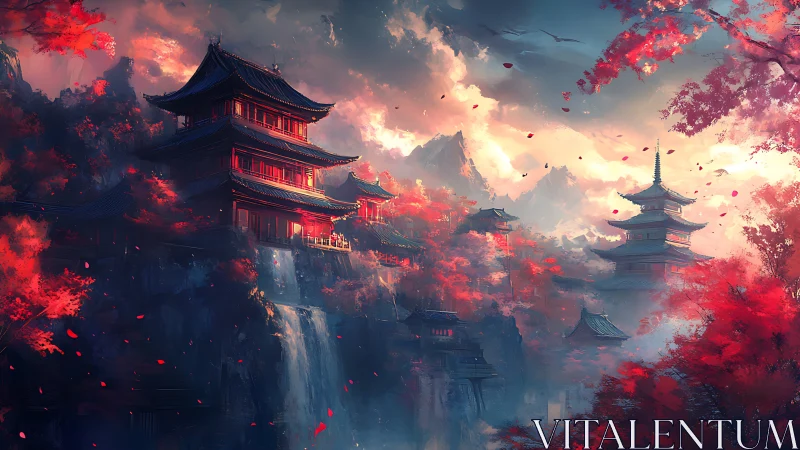 Crimson mountain temples drifting in misty waterfall light.