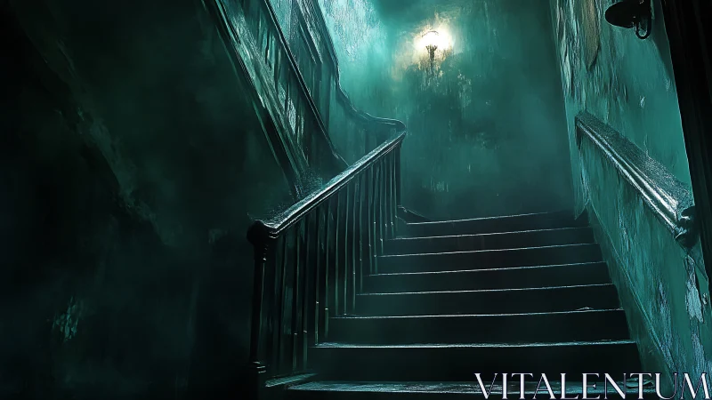 Cinematic teal stairwell with fog and single overhead sconce.