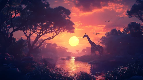 Giraffe silhouette beside river under vivid sunset sky.