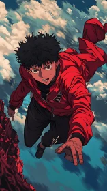 Male figure in red jacket suspended above rocky cliff.