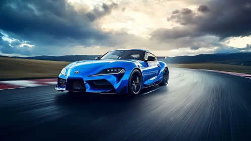 Electric-blue coupe slingshots through storm-lit racetrack dusk