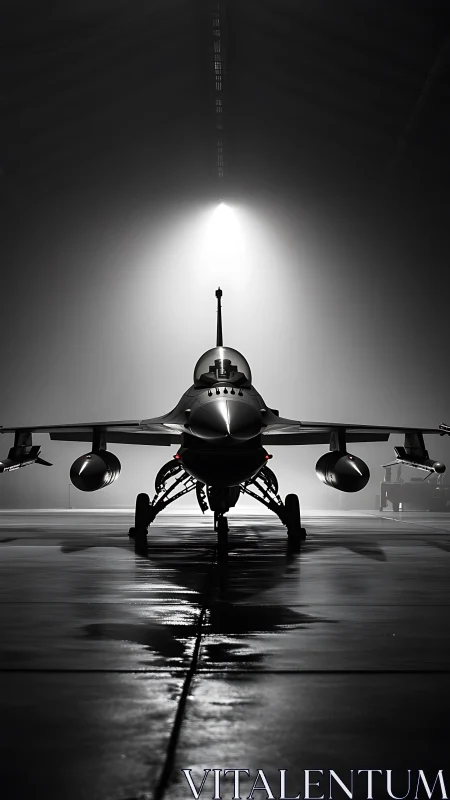 Lone stealth jet crowned by hangar light and silver reflections.