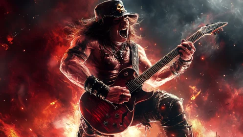 Pyroclastic metal guitarist in high-energy ignition field.