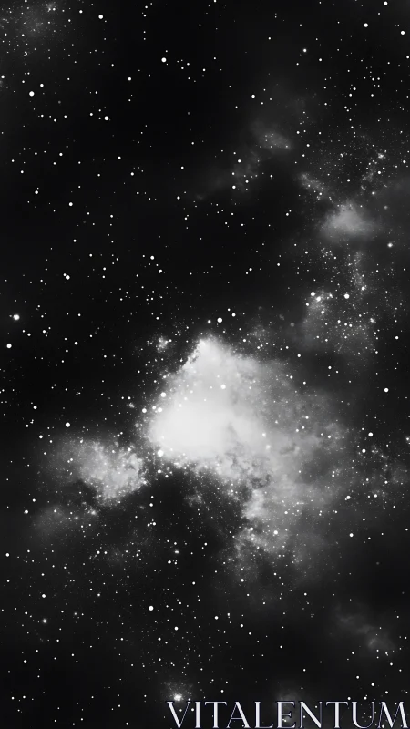 Nebula halo blooms in monochrome starlit deep-space hush.