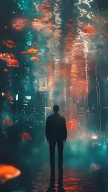 Man stands in neon cityscape with floating goldfish around