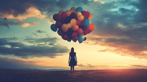 Backlit silhouette with multicolored balloons at sunset horizon