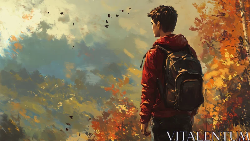 Backpacker overlooking misty autumn valley at sunrise.