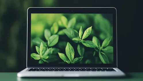 Laptop screen displays close-up foliage in shallow focus