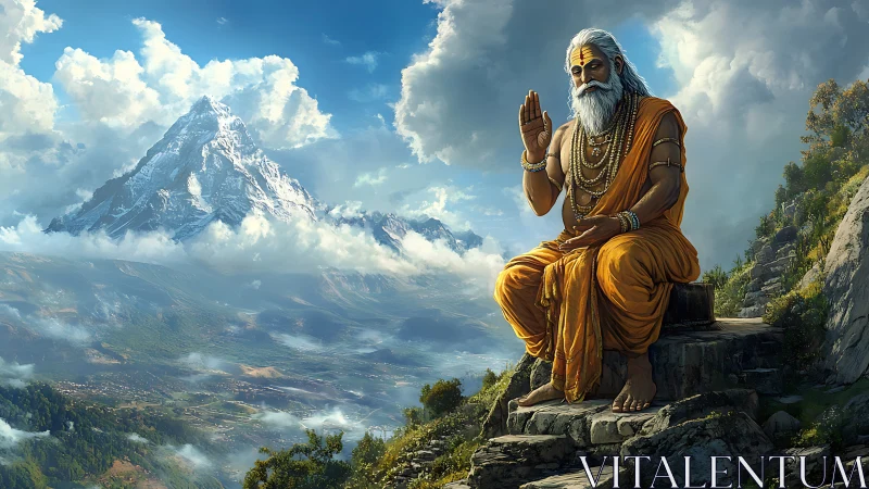 Mountain sage in saffron robes contemplates a vast Himalayan valley