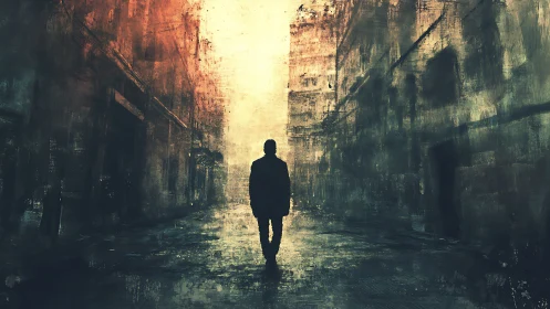 Solitary walker drifting through a softly glowing city street.