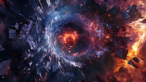 Collapsing toroidal singularity with orbiting derelict megastructures