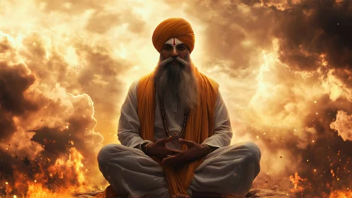 Mystic sage meditates amid blazing celestial storm.