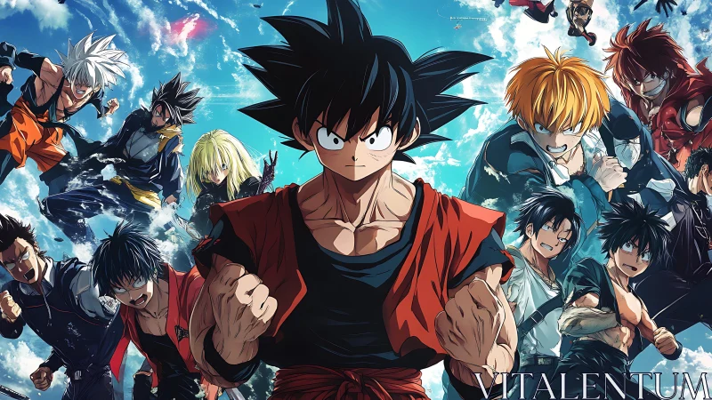 Dynamic anime warriors assemble in high-energy battle tableau