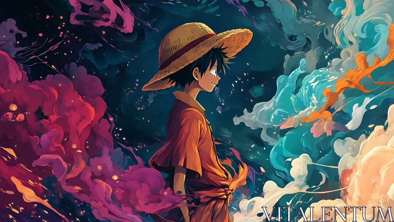 Straw-hat boy stands amid swirling cosmic color clouds.