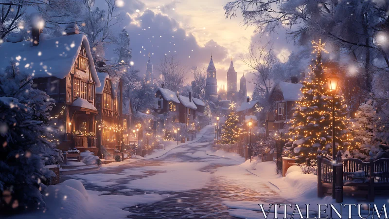 Snow covered village street with seasonal lights at dusk.