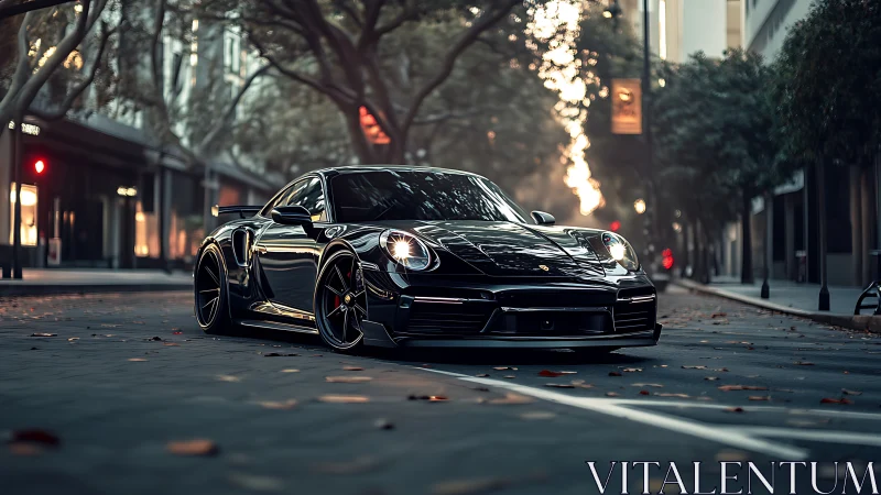 Photorealistic low-angle street portrait of black sports car.