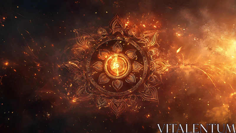 Celestial fire mandala swirling in a cosmic golden storm.