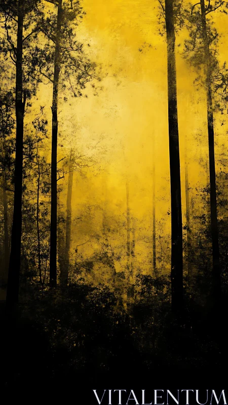 Atmospheric Forest Silhouette: Golden Mist Through Dense Woodland Canopy
