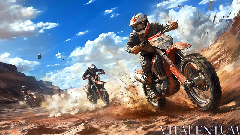 Dust-slinging desert bikers chase adrenaline under wild skies.