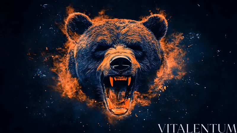 Roaring bear head erupts through electric blue firestorm.