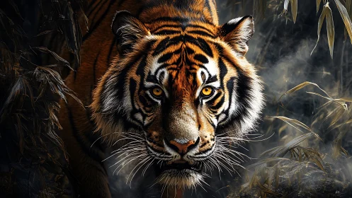 Predatory tiger emerging through misty jungle foliage.