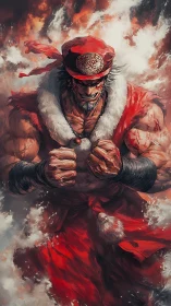 Battle-scarred warrior Santa clenches fists amid blazing sky