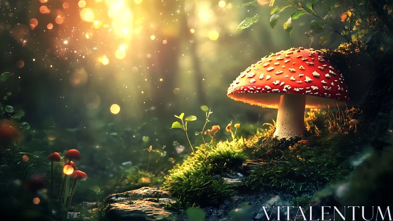 Luminous fly agaric mushroom glows in enchanted forest clearing