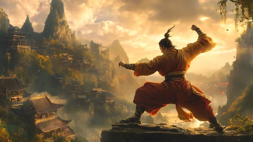 Martial artist on cliff above dense mountain temple valley.