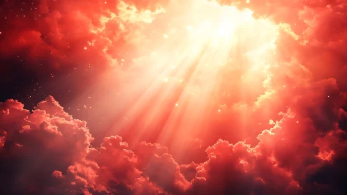 Radiant volumetric godrays penetrate dense red cumulus cloudfield