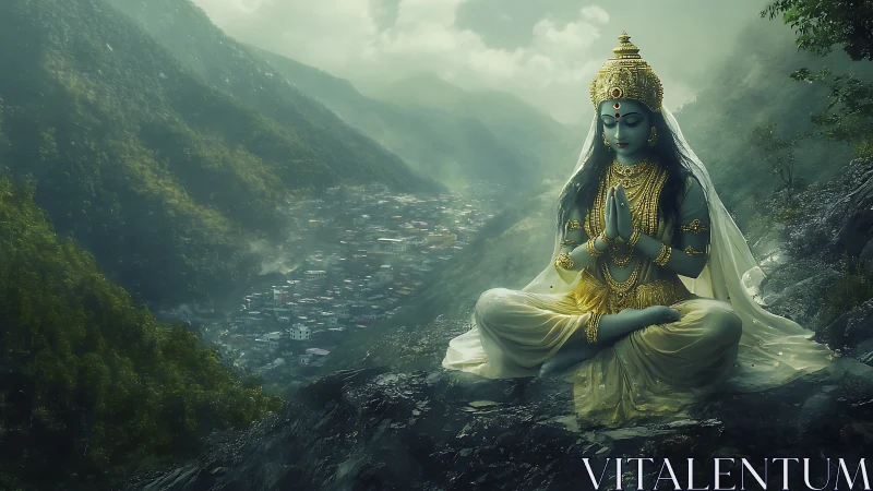 Hindu goddess figure meditating above misty mountain town.