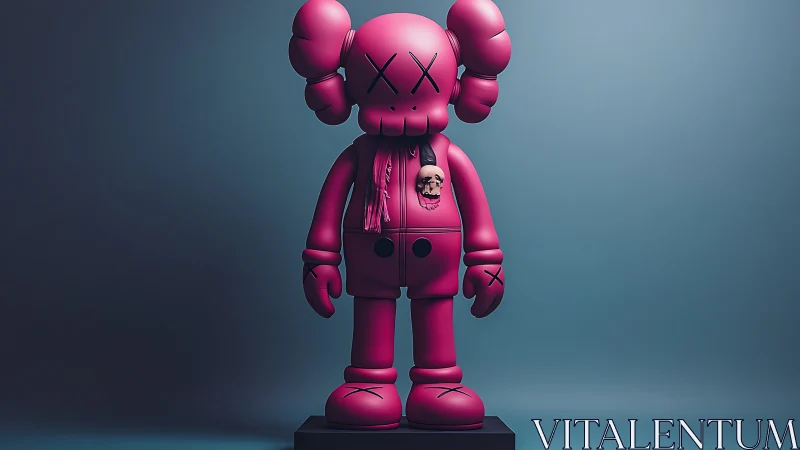 Playful pink toy figure stands bold against soft teal light