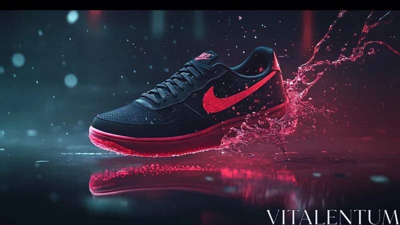 Black sneaker with red sole and logo splashes through water