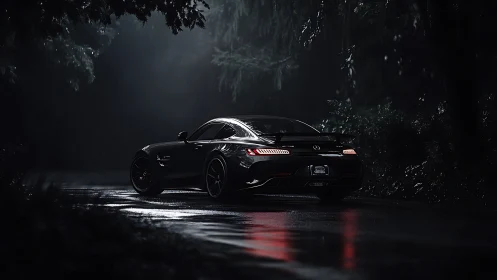 Black sports coupe parked on wet forest road at night.