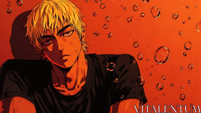 Blond male anime figure on orange background with bubbles.