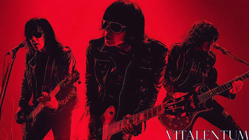 Triadic rock guitarist montage under monochrome red lighting