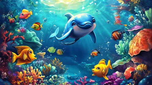 Playful cartoon dolphin leads vibrant coral reef scene