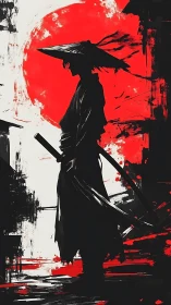Lone samurai in crimson sunlit silence, ready to roam.