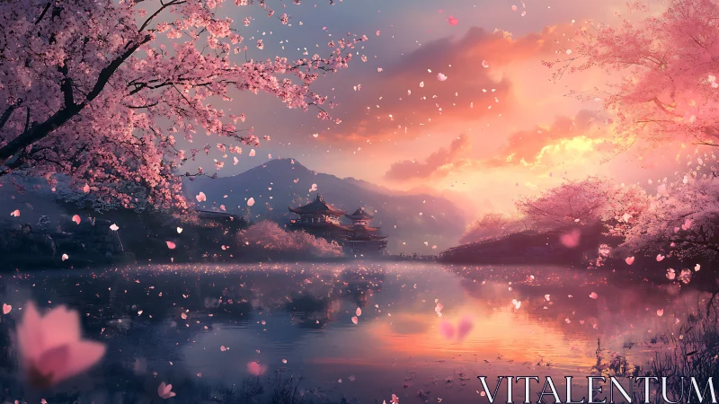 Cherry blossom lake reflects distant pagoda at vivid sunset