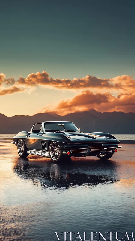 Classic black convertible reflects sunset on wet salt flats.