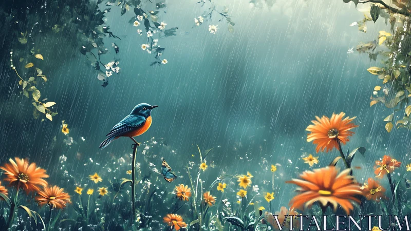 Bluebird on Wildflower in Rain, Dreamy Digital Art Scene.