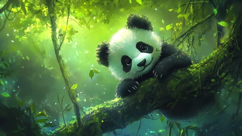 Dreamy baby panda lounging in emerald forest light.