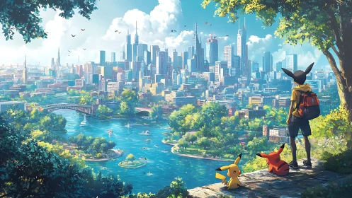 Urban river panorama with trainer and Pikachu companions.