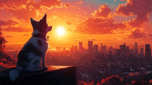 Sunlit city horizon watched by contemplative dog.