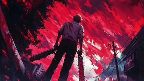 Cinematic anime tableau with chainsaw antihero under crimson sky.