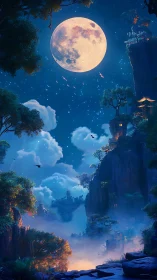 Moonlit fantasy canyon with mist, cliffs, and glowing homes