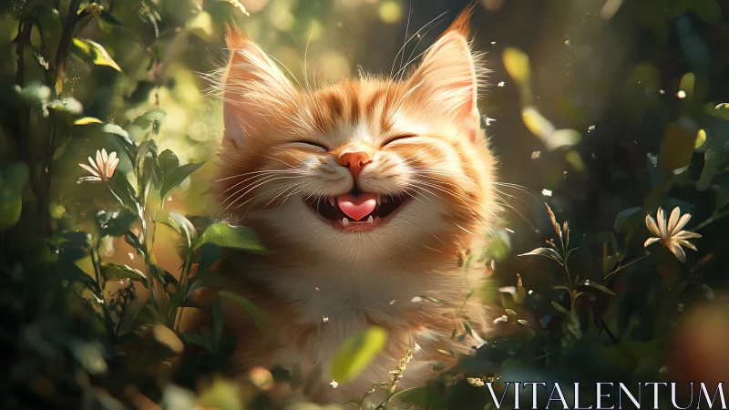 Radiant Ginger Cat Laughing Among Garden Flowers.