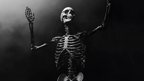 Monochrome skeletal figure emerges under dramatic chiaroscuro lighting